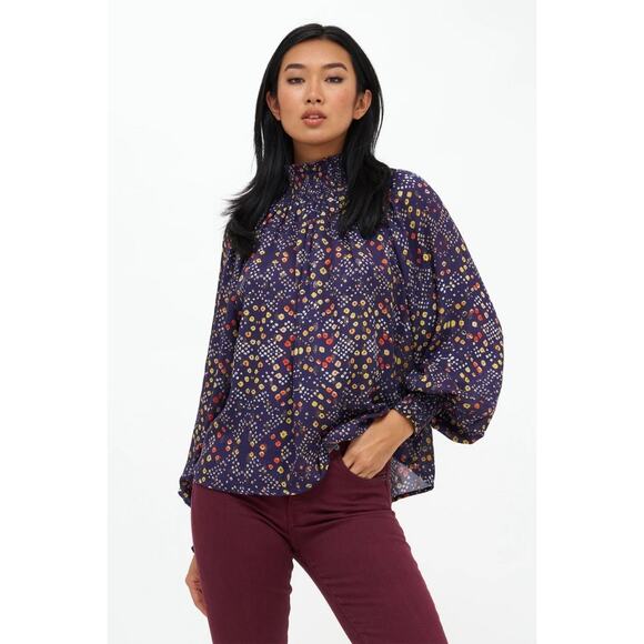 NWOT Oliphant Mandarin Balloon Sleeve Blouse Shabori Indigo Size XL 100% Cotton - Picture 2 of 11